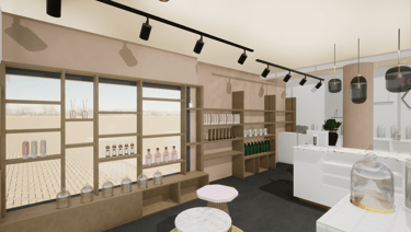 Projet d'aménagement du magasin Cozybee avec des étagères sur-mesure devant un mur beige