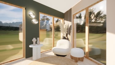 Image après transfomation montrant le coin salon avec des petits fauteuils et des appliques murales