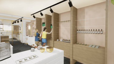 Projet d'aménagement du magasin Cozybee avec des mobiliers sur-mesure et des éclairages fonctionnels