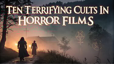 a couple of people walking down a path with a cross on the ground - Ten Terrifying Cults In Horror 