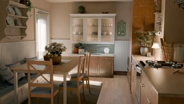 Rustic cottage kitchen featuring a wooden dining table, white hutch, and farmhouse decor with natural lighting.