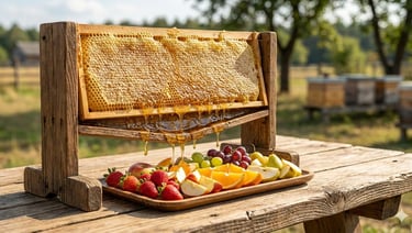 Degustação de mel silvestre artesanal com frutas frescas no Rancho São Bento.
