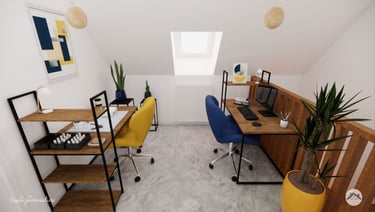 Aménagement bureau à domicile, style industriel déco jaune et bleu électrique