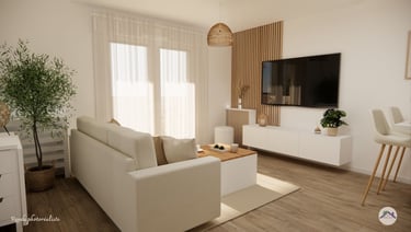 Aménagement salon style moderne, ambiance cosy, mur tv tasseau de bois et cache radiateur