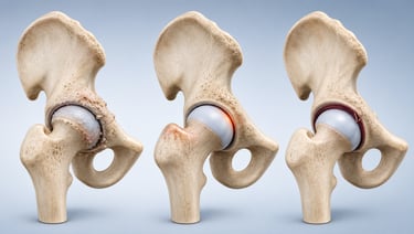 Representações anatômicas do quadril mostrando artrose, impacto femoroacetabular e lesão do labrum