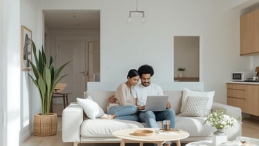 Couple on a light sofa filling out a renovation form in a bright, minimal home.