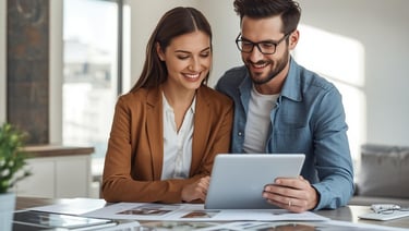 Designer and couple smiling, reviewing a renovation plan on a tablet in a minimal office.