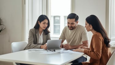Designer and couple reviewing designs on a tablet at a sleek, light-filled table