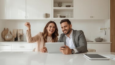 Designer and couple reviewing the final renovation proposal in a bright, minimal home