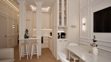Render 3D de cocina abierta con columnas ornamentales, office y panelado clásico blanco.