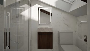 Render 3D de baño abuhardillado con ducha y luz cenital