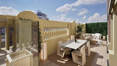 Render 3D de terraza con mesa comedor y balaustrada amarilla en Madrid