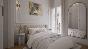 Render 3D de dormitorio principal con espejo arco, cabecero capitoné y molduras.