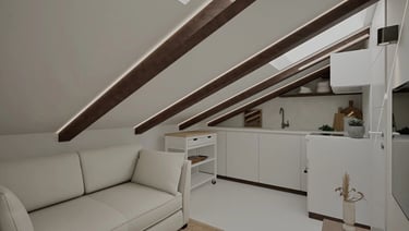 Render 3D de salón-cocina abuhardillado con sofá claro