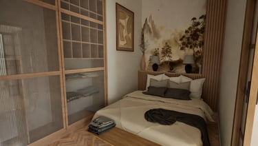 Render 3D dormitorio con mural paisajístico y cabecero de madera