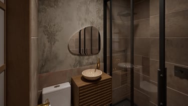 Render 3D baño con ducha de cristal, espejo orgánico y revestimiento en tonos tierra
