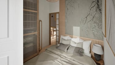 Render 3D dormitorio con mural floral y armario visto con puertas correderas