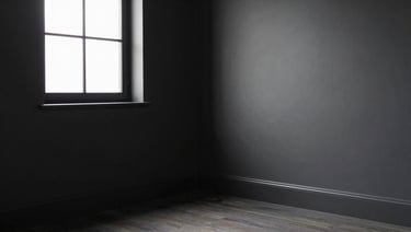 Aesthetic room painted in deep charcoal dark grey, soft shadow, moody natural window light, 35mm