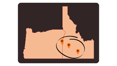 Map of Oregon and Idaho with location pins circled in region of Ontario OR, Boise ID, Twin Falls ID.
