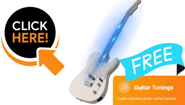 A white electric guitar with blue glowing strings and an invitation to learn free guitar tunings.