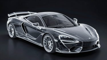 A glowing digital wireframe blueprint of a luxury sports car, highlighting precision computer-cut PPF template panels, high-tech interface aesthetic, deep obsidian background.