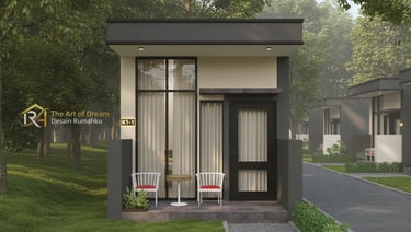 Eksterior hunian kosan minimalis modern industrial dengan teras depan, dinding semen ekspos, dan kac