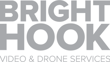Bright Hook logo featuring grey text for professional video and drone services on a black background.