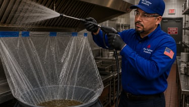Fire Fighter Products technician steam cleaning a commercial kitchen exhaust hood