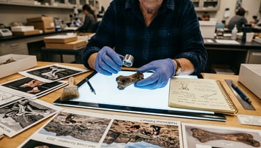 A paleontologist's hands holding a bone fragment against a light table, examining it closely