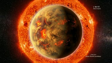 An artist's rendering of L 98-59 d as a half-lit globe showing a glowing orange-red magma surface