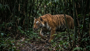 Bengal tiger frozen mid-stalk in dense bamboo forest at dusk