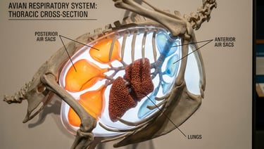 A conceptual 3D diagram of the nine-sac avian respiratory loop in neon colors.
