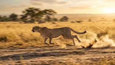 Cheetah at peak acceleration across the Serengeti plain, shot from a near-ground level vehicle angle