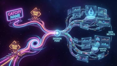 An abstract visualization of a decision tree where one path leads to a "Catchy Name"