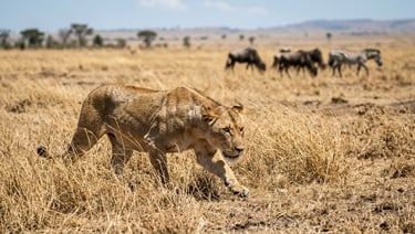 Single lioness hunting alone on open savanna at harsh midday light, 