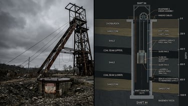 One half shows the rusted headframe                  of a sealed Pennsylvania mine shaft against a grey sky