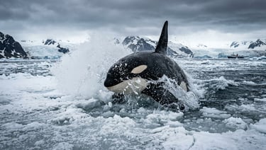 Orca breaking through pack ice off the Antarctic Peninsula in a wave-wash attack