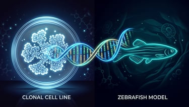 Split visual: a petri dish with a clonal cell line on one side, a small fish silhouette on the other