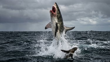 Great white shark breaching vertically from dark ocean water during a seal ambush