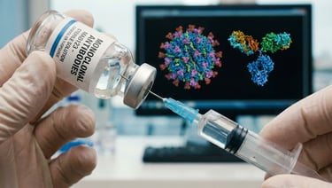 Close-up of a glass vial of monoclonal antibodies being drawn into a syringe