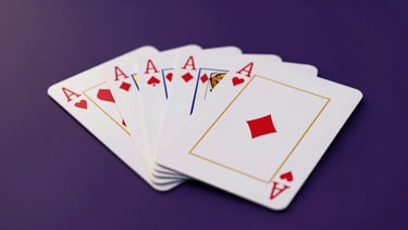 Sleek 3D render macro shot of gold-trimmed playing cards face down on a deep purple digital table, dramatic low-key studio lighting