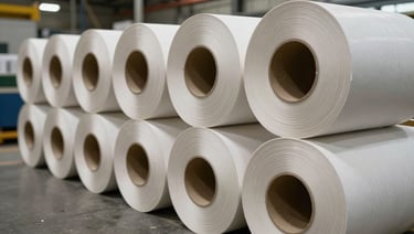 Close-up of stacked finished paper rolls in a production facility, clean overhead factory lighting illuminating the cut edges and surface texture, concrete floor visible below, no people, tight environmental framing showing inventory scale