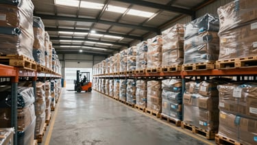 Wide shot of a regional warehouse interior with pallets of packaged goods arranged in rows, natural daylight entering from high skylights, forklift visible in the far aisle, overhead lighting, no people in foreground, logistics and storage scale evident