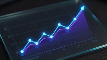 Abstract 3D data visualization graph with glowing electric blue nodes and neon purple lines charting exponential growth on a dark glass surface.