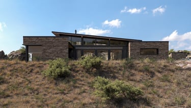 a house with a large window and a sky background