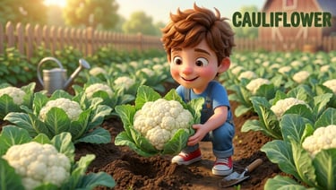 Cartoon boy harvesting fresh white cauliflower from a sunny garden vegetable patch.
