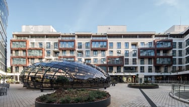 Courtyard view of Capital Centar office buildings in Podgorica, Montenegro