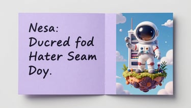 Flat-lay overhead shot of a handwritten prompt card on soft lavender paper next to a vivid printed thumbnail of a tiny cartoon astronaut hero on a floating vending-machine island, clean even studio light, no shadows