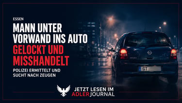 Dunkle Stadtstraßenszene bei Nacht mit einem Nissan Micra und einem deutschen Nachrichtentext über e