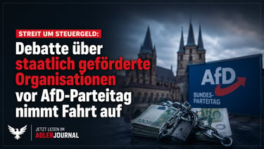 Ein AfD-Parteitagsschild neben aneinandergereihten Euro-Scheinen, die die Debatten um die Steuerfina